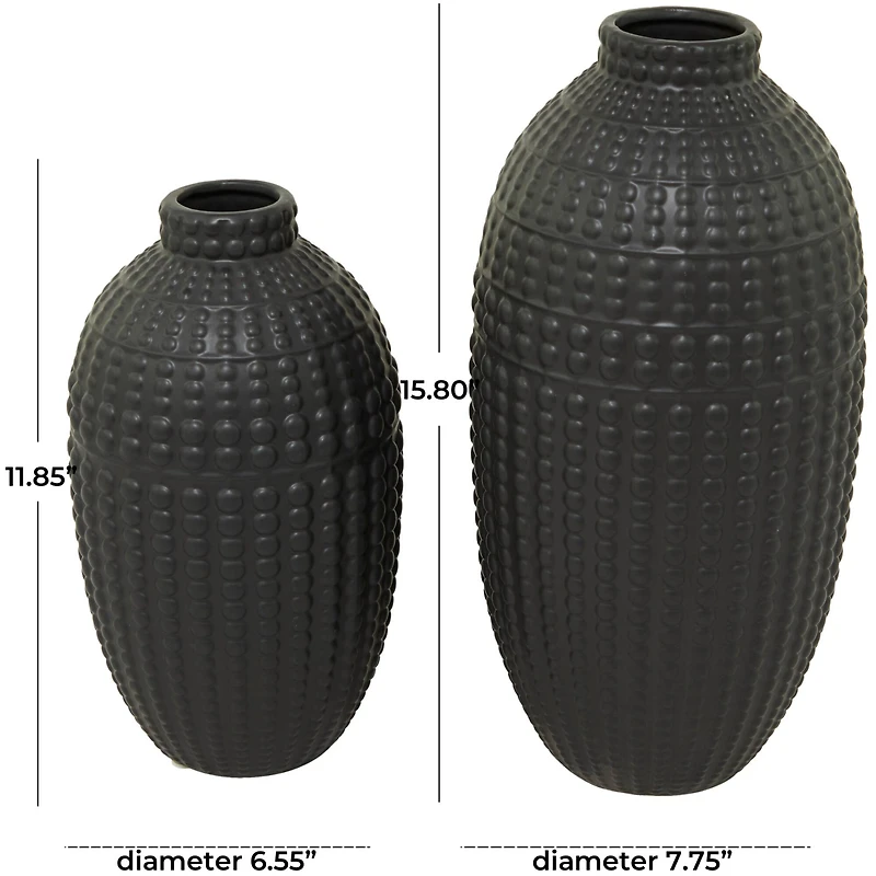 Set of 2" Black Stoneware Contemporary Vase 16", 12"