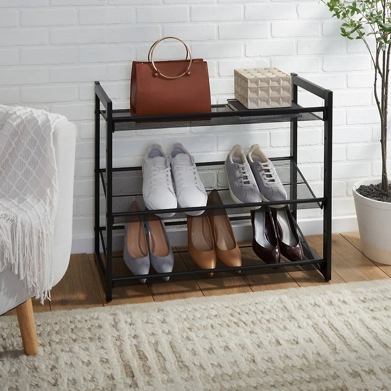 Organize It All 30" Wide Black 3 Tier Adjustable Mesh Shoe Rack