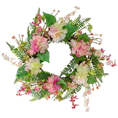 20" Pink Hydrangea Berry & Fern Artificial Spring Floral Wreath
