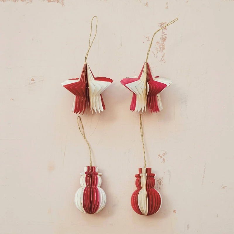 Hello Honey® 2 Pack 3.5" Red & Cream Paper Folding Honeycomb Snowman Ornaments with Gold Glitter Edge