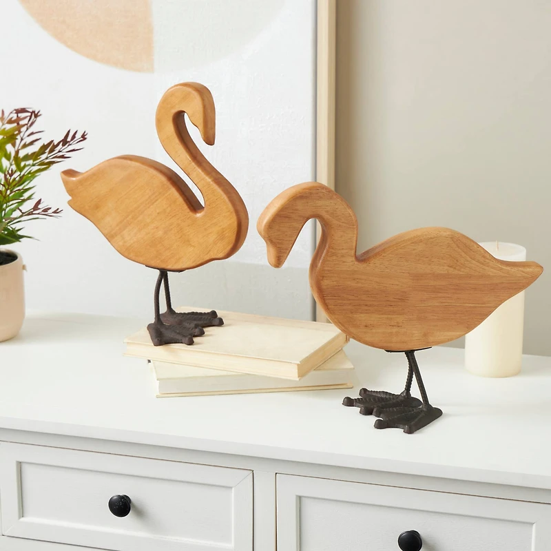 Brown Abstract Minimalistic Wood Swan Sculpture Set