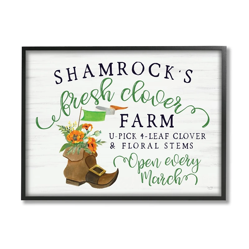 Stupell Industries Shamrock Clover Farm Typography Sign Grainy Pattern Framed Giclee Art