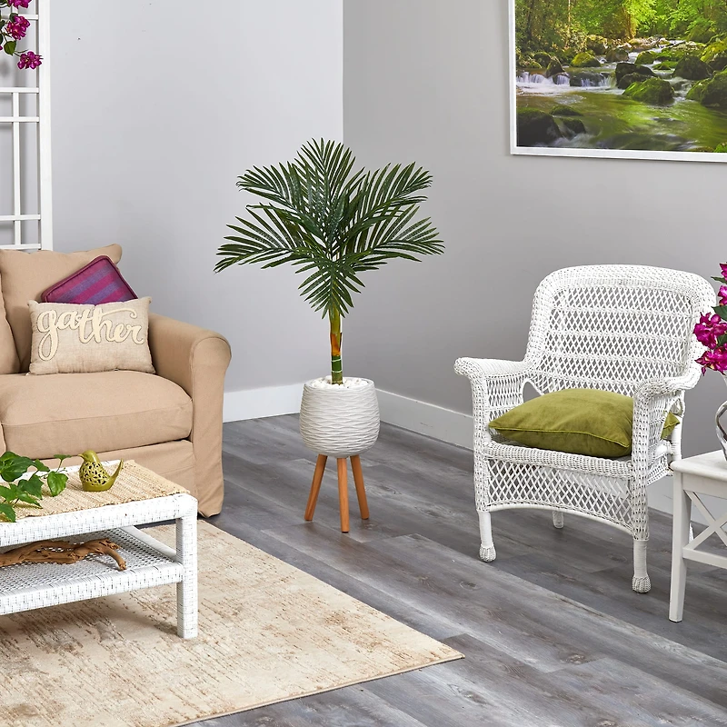 4.5ft. Golden Cane Artificial Palm Tree in White Planter with Stand