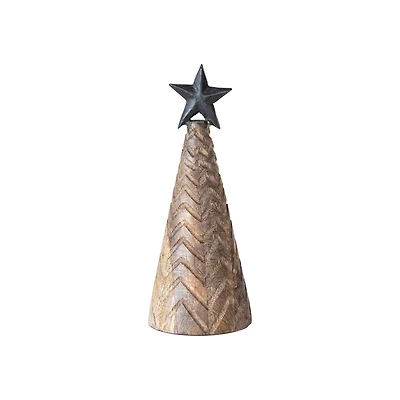 Hello Honey® 9.5" Carved Mango Wood & Metal Christmas Tree with Black Star