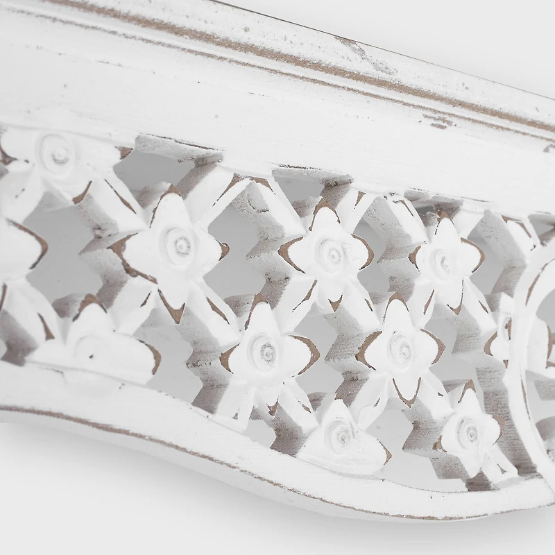 30" Whitewashed Hand-Carved Medallion Floating Wall Shelf