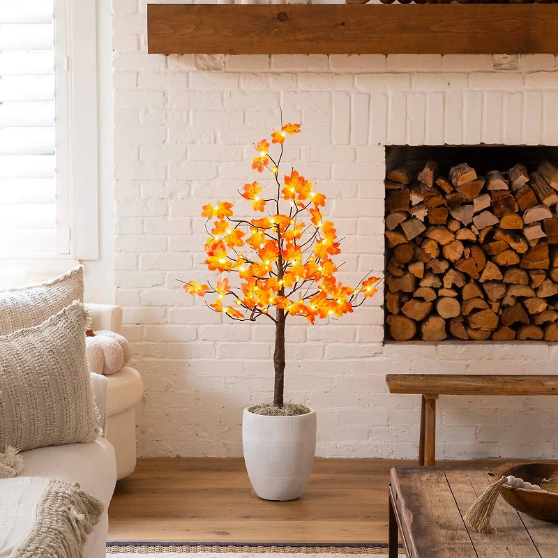 4ft. Pre-Lit Minimalist Autumn Maple Artificial Fall Tree with 56 LED Warm White & Orange Pumpkin Shaped Lights