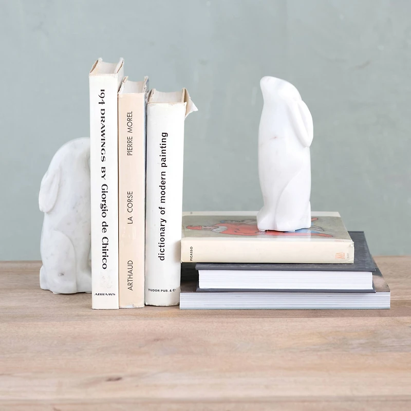 Hello Honey® 6.5" White Rabbit Hand Carved Marble Bookends Set