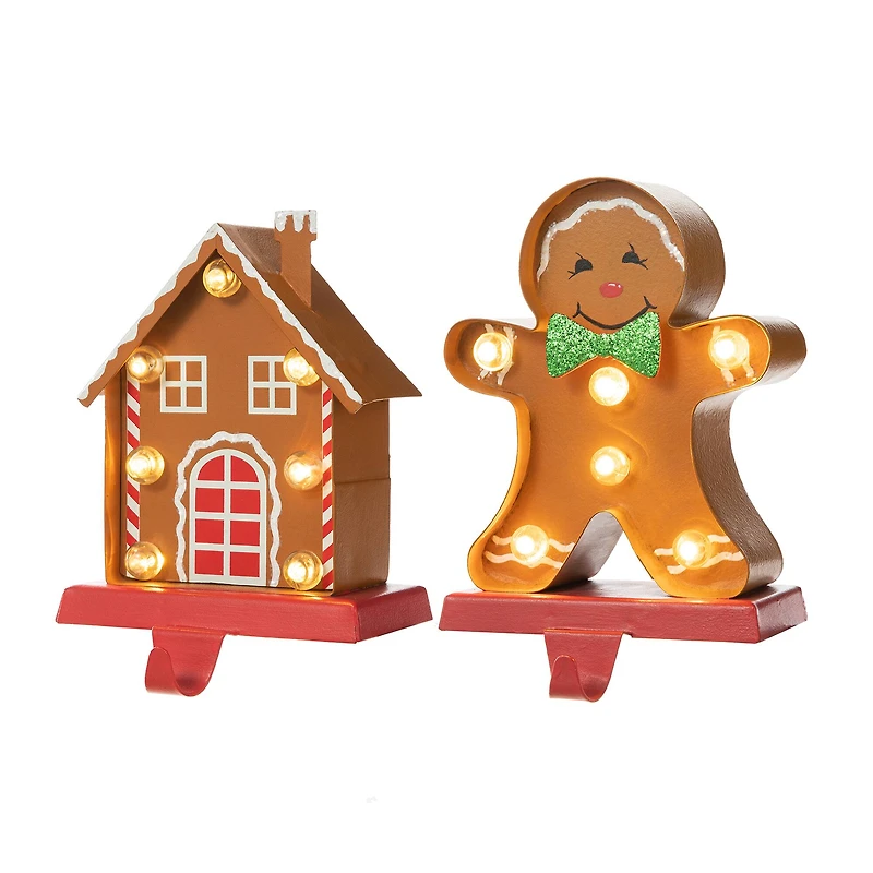 Glitzhome® Marquee LED Gingerbread House & Gingerbread Man Christmas Stocking Holder Set