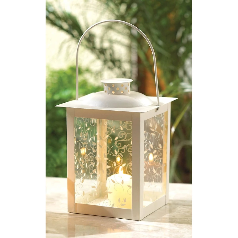 8" Large White Square Candle Lantern with Leaves