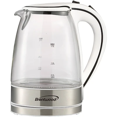 Brentwood 1.7L White Cordless Tempered Glass Electric Kettle