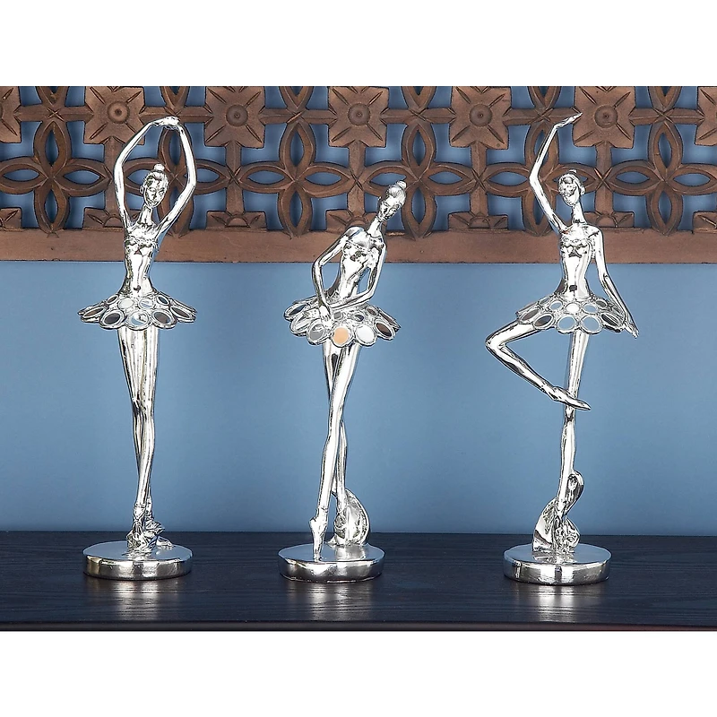 Set of 3 Silver Polystone Modern Dancer Sculpture, 14", 14", 12"