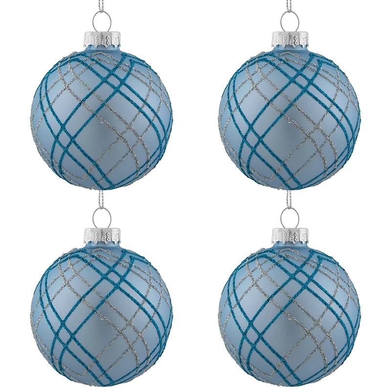 4ct. 2.75" Blue & Silver Plaid Glitter Glass Christmas Ornament Ball Set