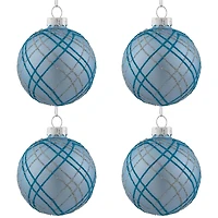 4ct. 2.75" Blue & Silver Plaid Glitter Glass Christmas Ornament Ball Set