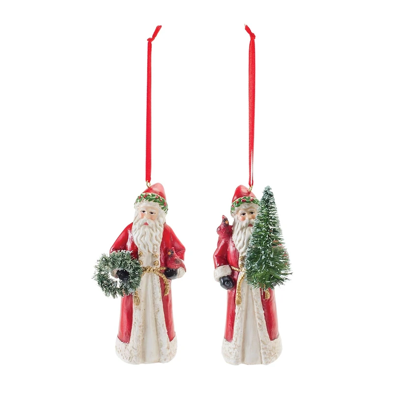 Santa with Cardinal Bird Ornament Set