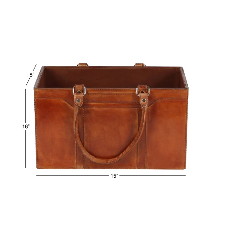 16" Brown Leather Rustic Magazine Holder