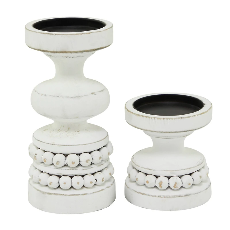 The Novogratz White Wood Beaded Pillar Candle Holder Set