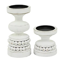 The Novogratz White Wood Beaded Pillar Candle Holder Set