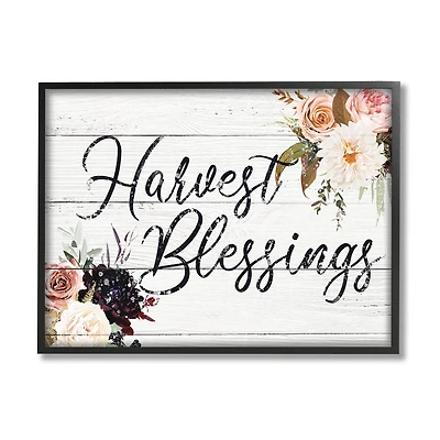 Stupell Industries Harvest Blessings Phrase Pink Peony Floral Arrangements in Frame Wall Art