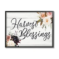 Stupell Industries Harvest Blessings Phrase Pink Peony Floral Arrangements in Frame Wall Art