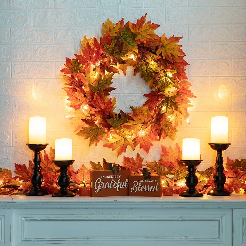 Glitzhome® 24" Fall Lighted Maple Leaves Wreath with Timer