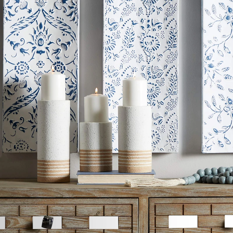 Novogratz White Metal Striped Pillar Candle Holder Set