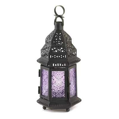 11'' Etched Purple Glass Moroccan Style Hanging Lantern