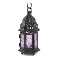 11'' Etched Purple Glass Moroccan Style Hanging Lantern