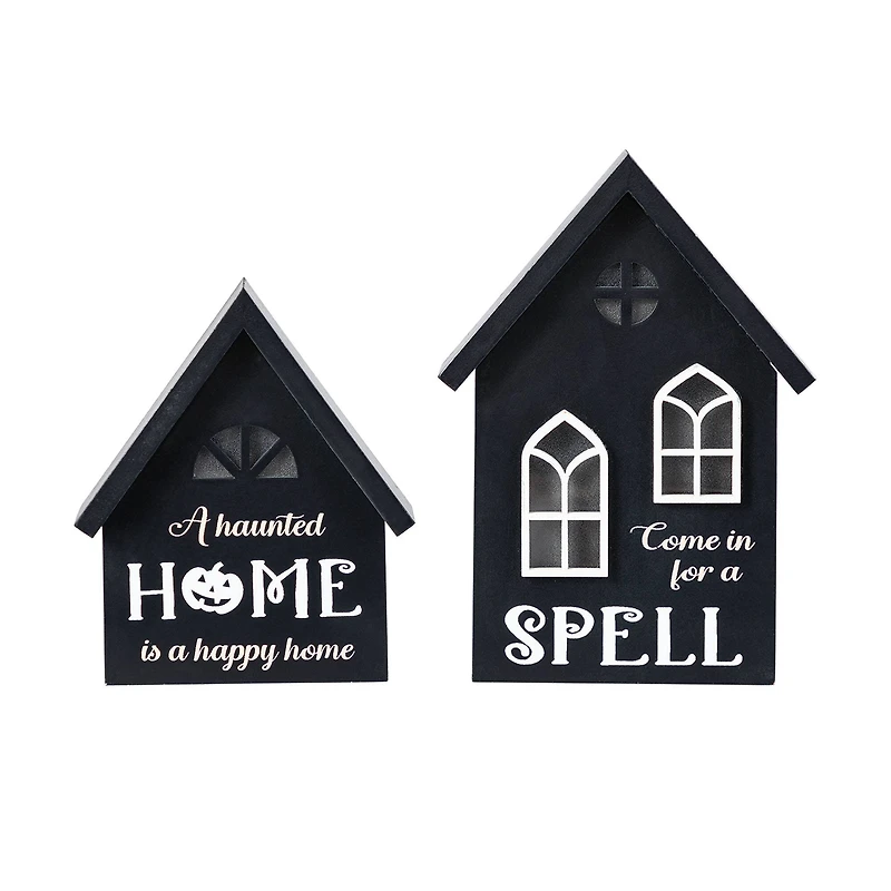 Glitzhome® 8"H Lighted Halloween Wooden House-shaped Table Decor Set