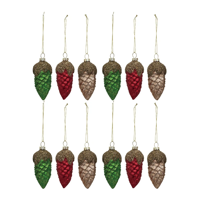 Hello Honey® 12 Pack 3.5" Red, Green & Gold Round Glass Pinecone Ornaments with Glitter