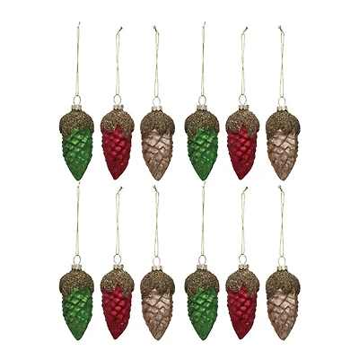 Hello Honey® 12 Pack 3.5" Red, Green & Gold Round Glass Pinecone Ornaments with Glitter