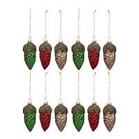 Hello Honey® 12 Pack 3.5" Red, Green & Gold Round Glass Pinecone Ornaments with Glitter