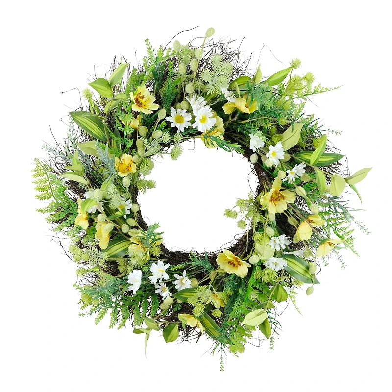 24" Yellow & White Spring Daisy & Dogwood Floral Wreath
