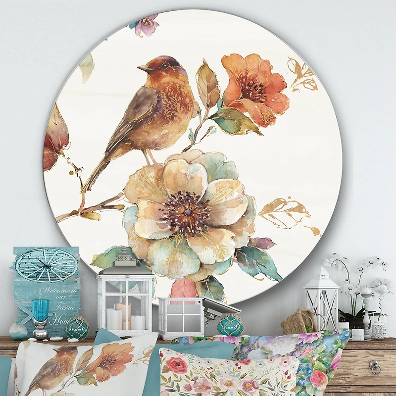 Designart - Farmhouse Bird on Flower Branch