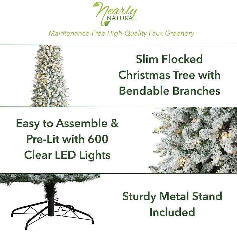 9ft. Pre-Lit Slim Flocked Montreal Fir Artificial Christmas Tree, White LED Lights