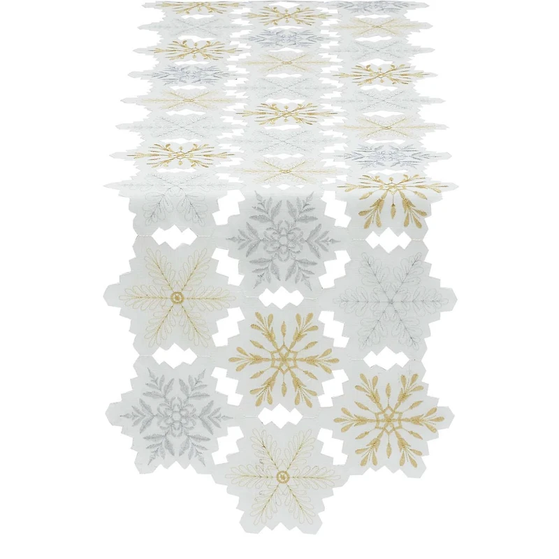 DII® 54" White and Gold Embroidered Snowflakes Table Runner