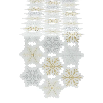 DII® 54" White and Gold Embroidered Snowflakes Table Runner