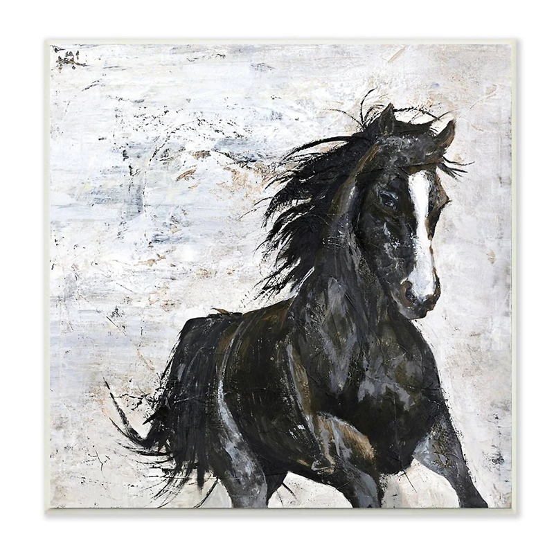 Stupell Industries Wild Black Horse Galloping over Abstract White Wood Wall Plaque
