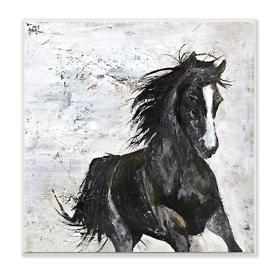 Stupell Industries Wild Black Horse Galloping over Abstract White Wood Wall Plaque