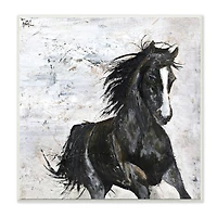 Stupell Industries Wild Black Horse Galloping over Abstract White Wood Wall Plaque