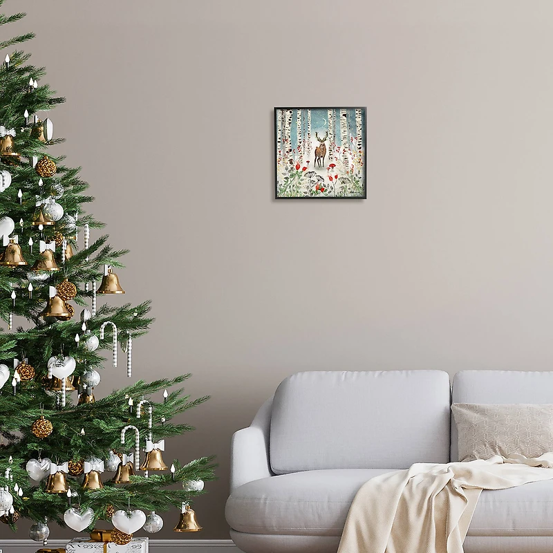 Stupell Industries Deer In Nighttime Birch Forest Black Framed Giclee Art