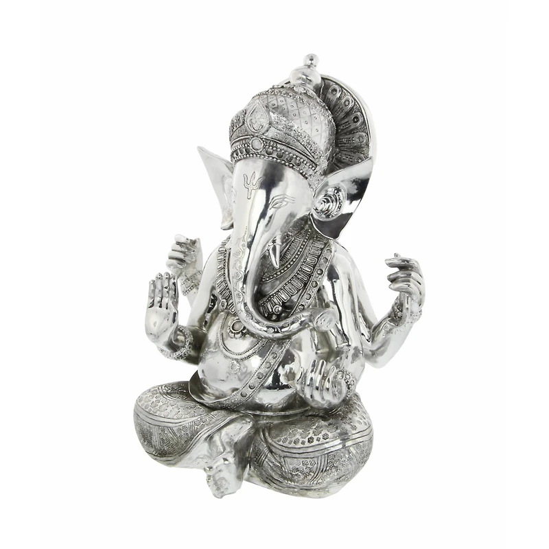 Silver Bohemian Polystone Sculpture, Ganesh 16" x 12" x 8"
