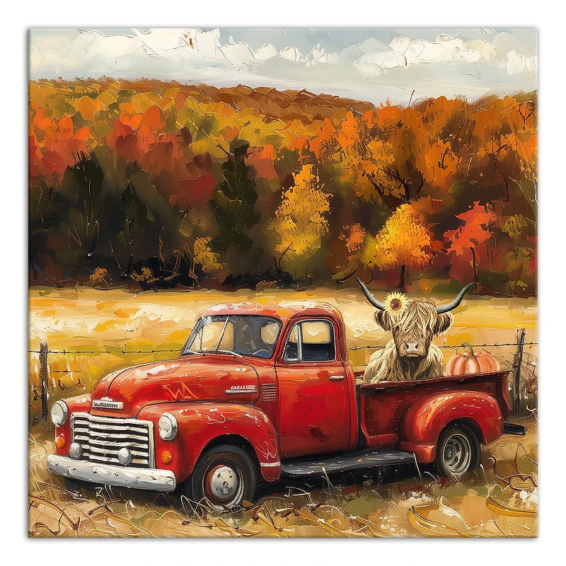 Fall Red Truck Highland 16" x 16" Canvas Wall Art
