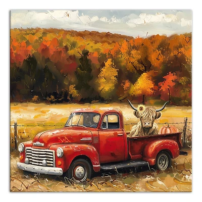 Fall Red Truck Highland 16" x 16" Canvas Wall Art