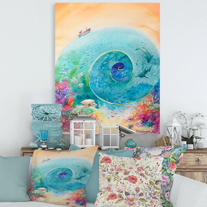 Designart - Turquoise Ocean Spiral With Coral Reef Fishes