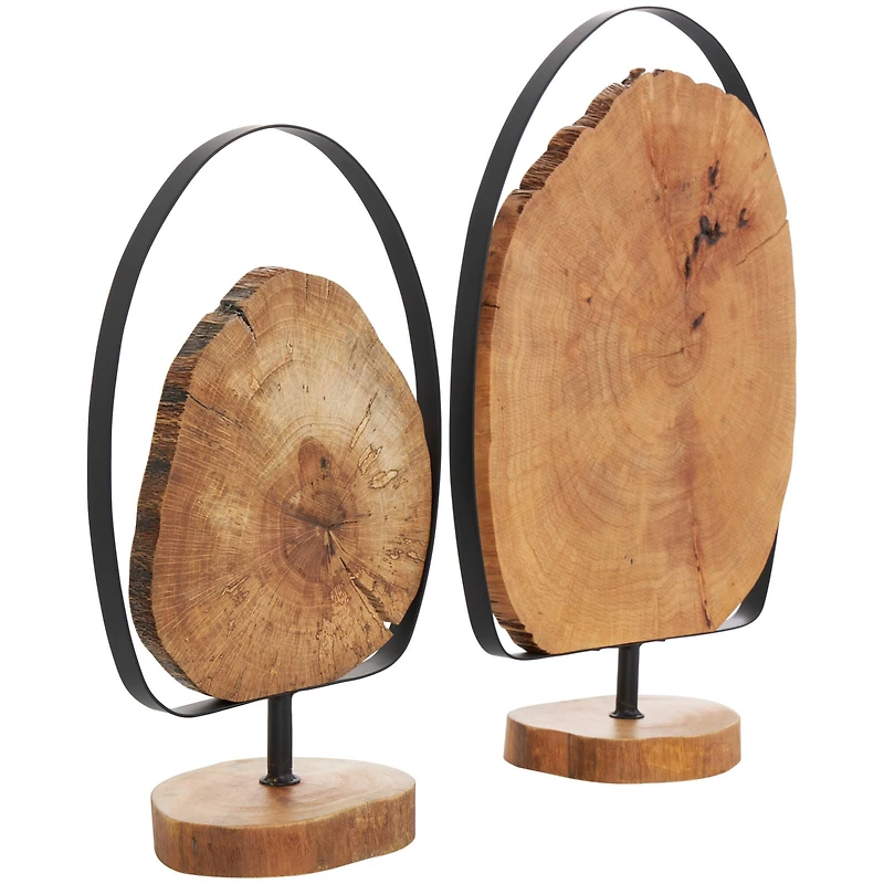 Brown Wood Abstract Slab Sculpture Set