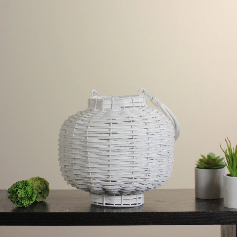 17.5" Beach Day Woven Wood Pillar Candle Lantern, White