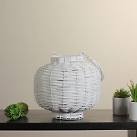 17.5" Beach Day Woven Wood Pillar Candle Lantern, White