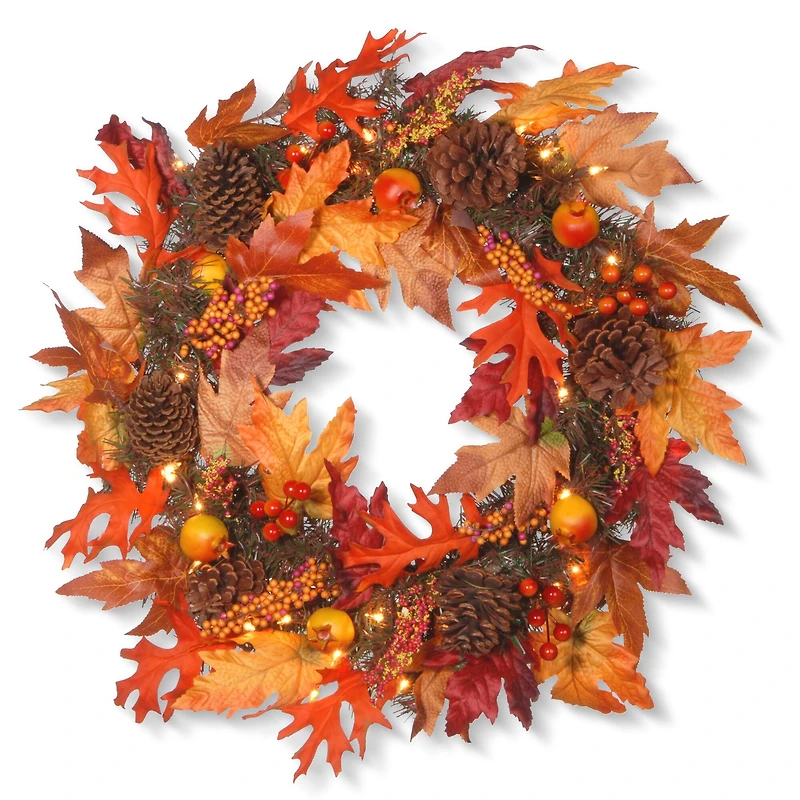 24" Harvest Maple Wreath with Berries, Cones, Guave and 35 Clear Lights