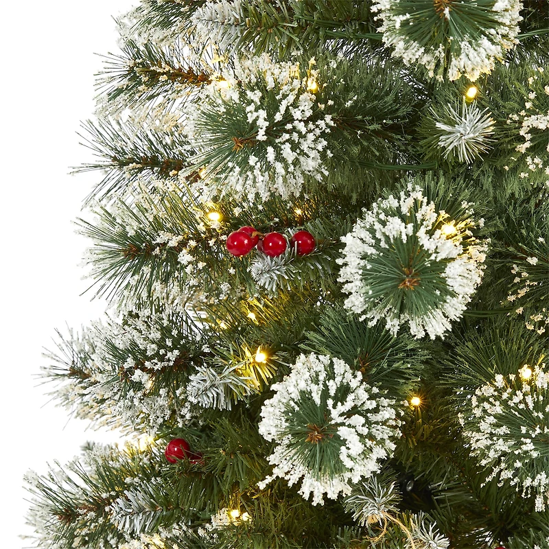 5ft. Pre-Lit Frosted Swiss Pine Artificial Christmas Tree with Berries, Clear LED Lights