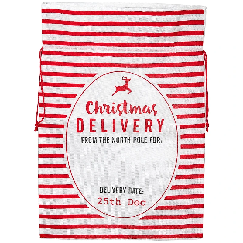 27" Beige & Red Striped Christmas Delivery Tie Gift Bag